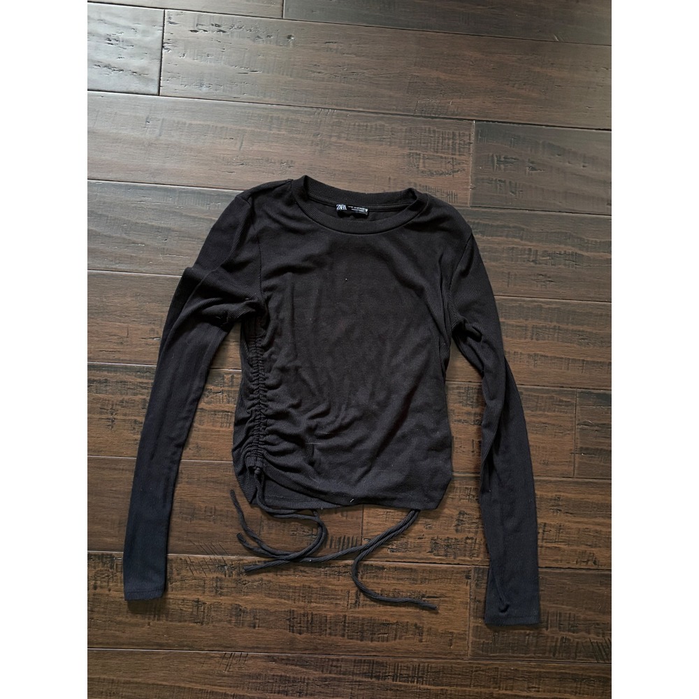 Zara Womens Black Ribbed Long Sleeve Side Cinch Drawstring Top Size Medium